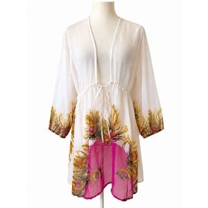 INGEAR White Peacock Feather Print L Sheer Mini Dress Deep V Tie Waist Cover Up